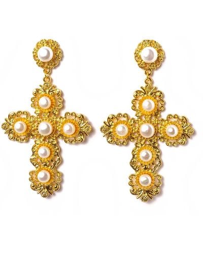 EUNOIA Jewels Inspiration Oversized Statement Gold Cross Earrings With Freshwater Pearls - Metallic