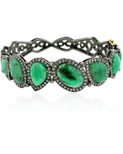 Artisan Pear & Oval Cut Emerald Pave Diamond In 18k Gold 925 Silver Elegant Bangle - Green