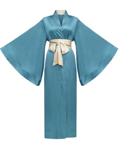 KÂfemme Accent Long Silky Kimono Robe - Blue