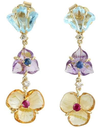 Artisan Carving Mix Stone & Ruby With Sapphire Natural Diamond In 14k Gold Flower Dangle Earrings - Metallic