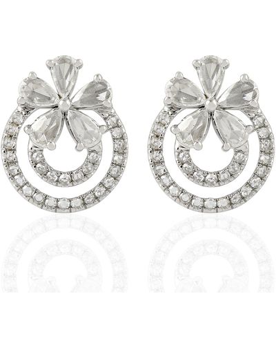 Artisan 18k Gold With Natural Rose Cut Diamond Flower Design Stud Earrings - Metallic