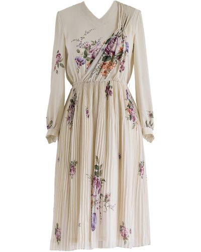 Sugar Cream Vintage Neutrals Vintage Chiffon Cream V-neck Floral Print Pleated Midi Dress - Natural