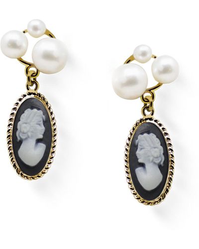 Vintouch Italy Lilith Gold-plated Black Cameo And Pearl Stud Earrings - Metallic