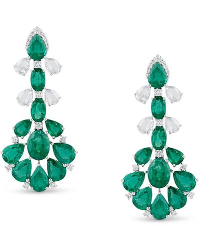 Trésor Emerald Pear Shape & Oval And Diamond Earring In 18k White Gold - Green