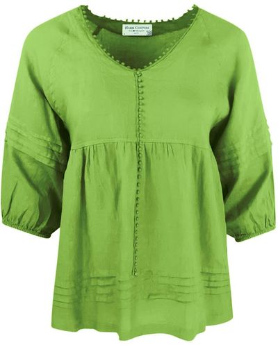 Haris Cotton "v" Neck Linen Long Sleeved Blouse - Green