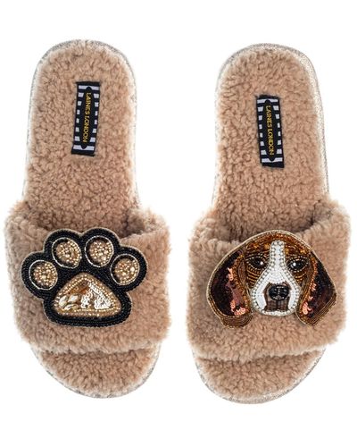 Laines London Teddy Toweling Slippers With Beagle & Paw Brooches - Natural