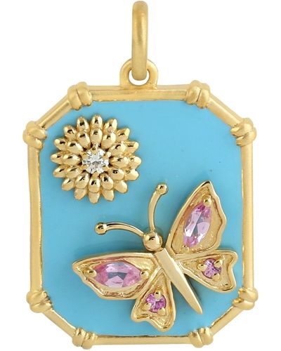 Artisan Marquise Shape Sapphire And Diamond With 14k Gold In Octagon Butterfly Enamel Pendant - Blue