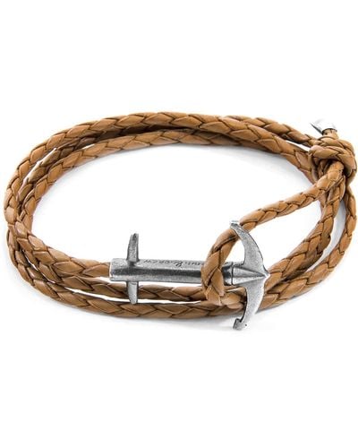 Anchor and Crew Light Brown Admiral Anchor Silver & Braided Leather Bracelet