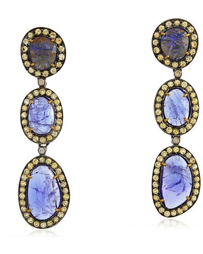 Artisan Oval Cut Tanzanite & Sapphire Gemstone Pave Diamond In 18k Gold With Silver Dangle Earrings - Blue