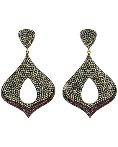 Artisan Pave Diamond Ruby 18k Gold 925 Sterling Silver Dangle Earrings Antique Jewelry - Green