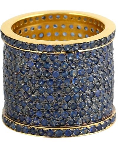 Artisan Pave Blue Sapphire Gemstone & 925 Sterling Silver Long Band Ring Jewellery