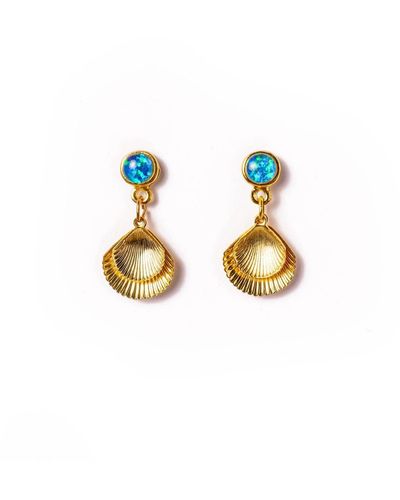 EUNOIA Jewels Serenity Dainty Double Shell Opal Earrings - Metallic