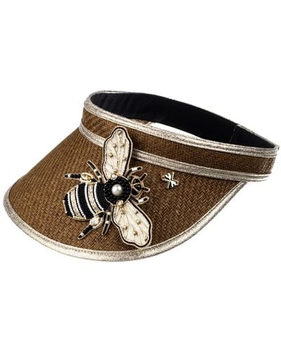 Laines London Straw Woven Visor With Embellished Cream & Gold Bee Brooch - Black