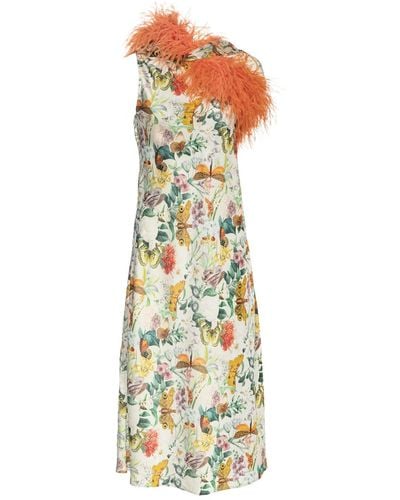 Vasiliki Atelier Imaani Silky Botanical Print Dress With Faux Feather - Metallic