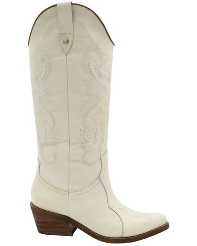 Stivali New York Moxie Western Cowboy Boots In Ivory Leather - Natural
