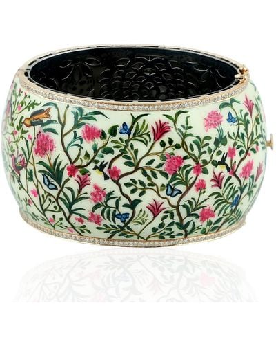 Artisan 18k Gold & Silver Hand Painted Enamel Floral Bangle With Pave Diamonds - Green