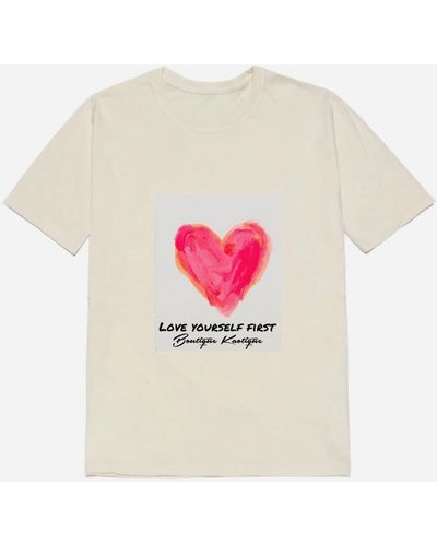 Boutique Kaotique Love Yourself First Off-white Organic Cotton Tee. - Pink