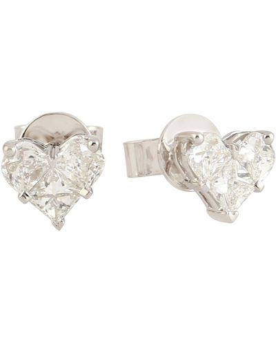 Artisan Solid 18k Gold With Natural Diamond Heart Design Stud Earrings - Metallic