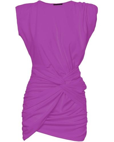 BLUZAT Purple Mini Dress With One Draped Shoulders And Pleats
