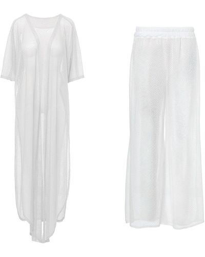 BLUZAT Matching Set With Kimono And Pants - White