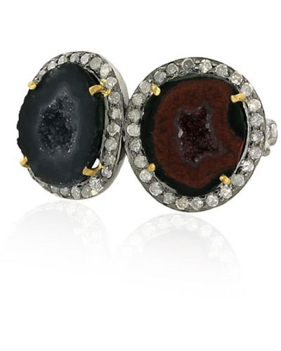 Artisan Natural Geode & Pave Diamond In 18k Gold With 925 Silver Designer Cocktail Ring - Brown