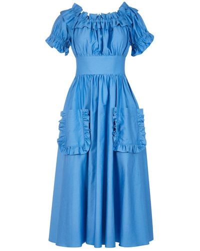 Lavaand The Tamsin Bardot Ruffle Dress In Cornflower Cotton - Blue