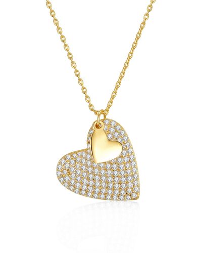 Genevive Jewelry Sterling Silver Yellow Gold Plated With Diamond Cubic Zirconia Pave Double Dangle Heart Charm Pendant Layering Necklace - Metallic
