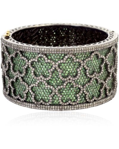 Artisan Natural Diamond & Emerald In 14k Gold 925 Silver Victorian Handmade Bangle Bracelet - Green