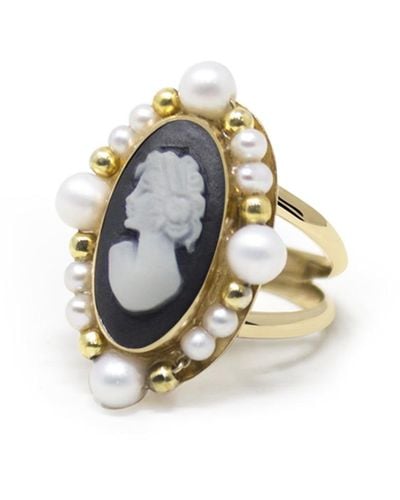 Vintouch Italy Ophelia Gold-plated Black Cameo And Pearl Ring - Metallic