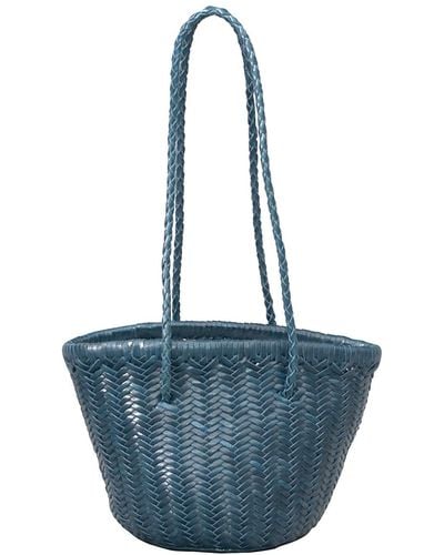Rimini Woven Leather Beach Bucket Bag - Blue