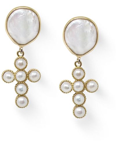 Vintouch Italy Hope Gold-plated Pearl Cross Earrings - White