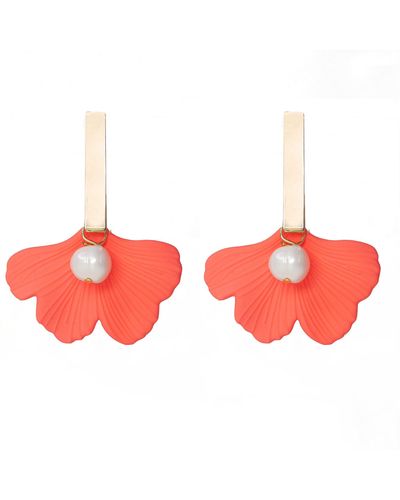 Soli & Sun The Daphne Gold Bar & Coral Ginkgo Statement Earrings - Red