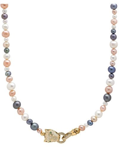 Nialaya Multi-colored Pearl Necklace With Gold Plated Panther Head Lock - Metallic