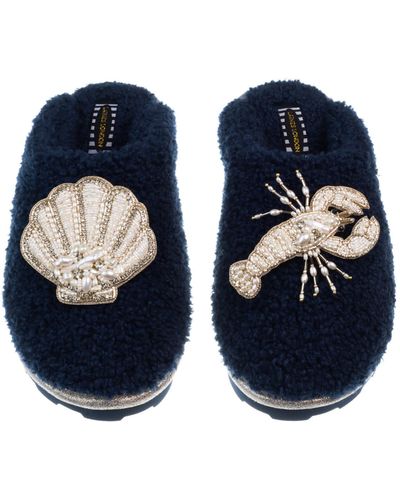Laines London Teddy Closed Toe Slippers With Pearl Beaded Lobster & Shell Brooches - Blue
