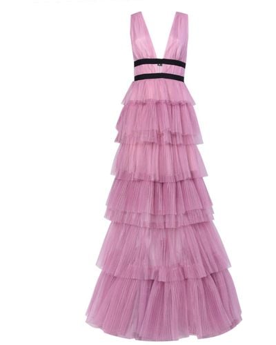 True Decadence Dark Pink Plunge Front Tulle Layered Maxi Dress