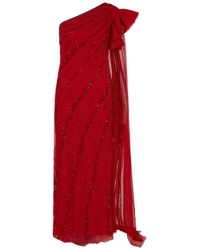 Raishma Blossom A One Shoulder Floor Length With An Attached Stole With Frill On The Shoulder Gown - Red