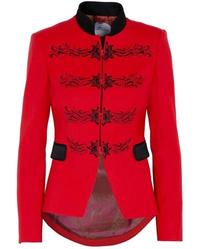 The Extreme Collection Black Embroide In Premium Crepe Single Breasted Blazer With Crew Neck Fiorella - Red