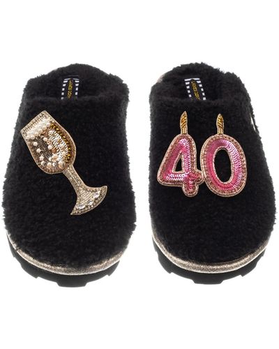 Laines London Teddy Closed Toe Slippers With 40th Birthday & Champagne Glass Brooches - Black