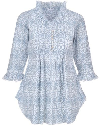 At Last Sophie Cotton Shirt In Dove & White - Blue