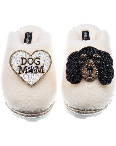 Laines London Teddy Closed Toe Slippers With Louie The Cavalier & Dog Mum / Mom Brooches - Metallic