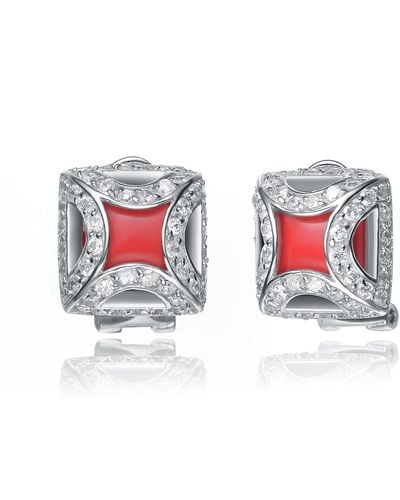 Genevive Jewelry Cubic Zirconia Sterling Silver White Gold Plated Coral Square Shape Earrings