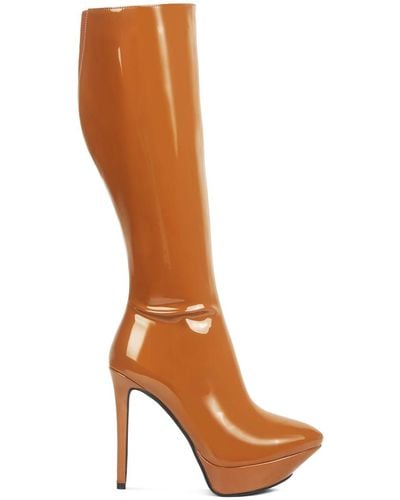 Rag & Co Chatton Tan Patent Stiletto High Heeled Calf Boots - Brown