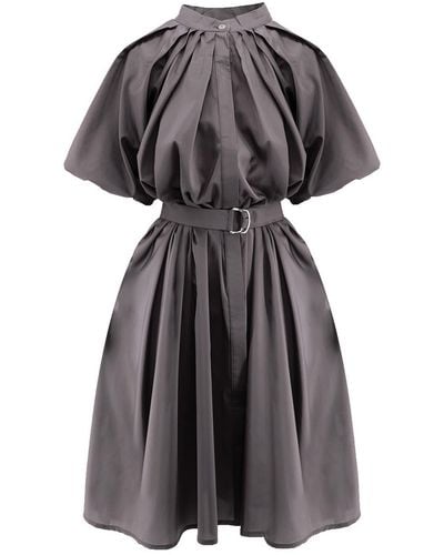 BLUZAT Gray Dress With Raglan Sleeve And Pleats - Black
