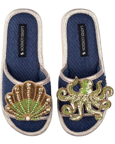 Laines London Straw Braided Sandals With Handmade Green & Gold Octopus & Shell Brooches - Blue