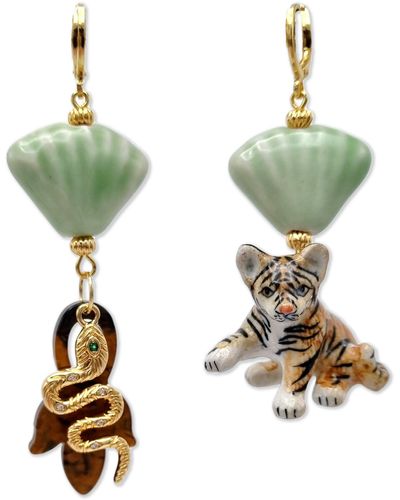Midnight Foxes Studio Baby Tiger & Snake Gold Earrings - Green