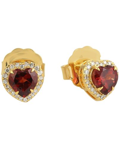 Artisan Red Heart Shape Garnet Gemstone & Pave Diamond In 18k Yellow Gold Stud Earrings - Brown