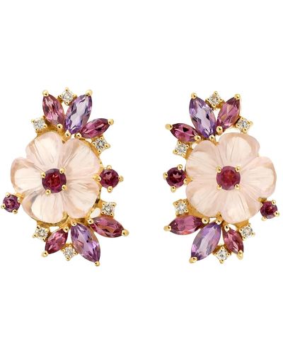 Artisan Rhodolite Amethyst Carving Flower Stud Earrings Diamond Designer Jewelry - Pink