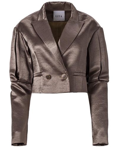 Lita Couture Statement Cropped Blazer In Liquid Silver - Brown