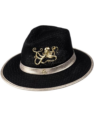 Laines London Straw Woven Hat With Gold Metal Octopus Brooch - Black