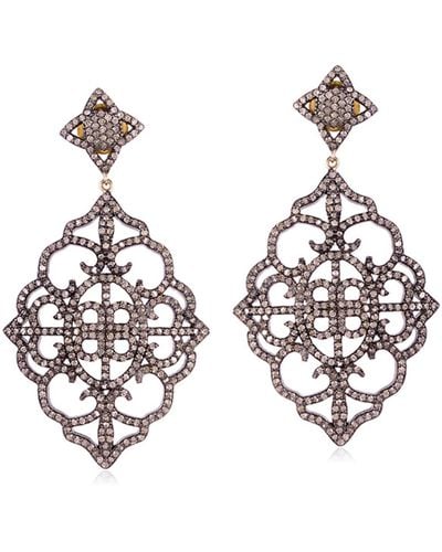 Artisan 925 Sterling Silver Designer Dangle Earrings Pave Diamond 14k Gold Jewelry - Metallic
